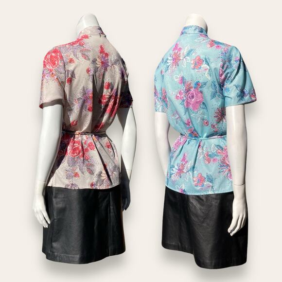 2 70s VTG Sears small polyester blouses w/ pixelated floral pattern - Picture 5 of 6